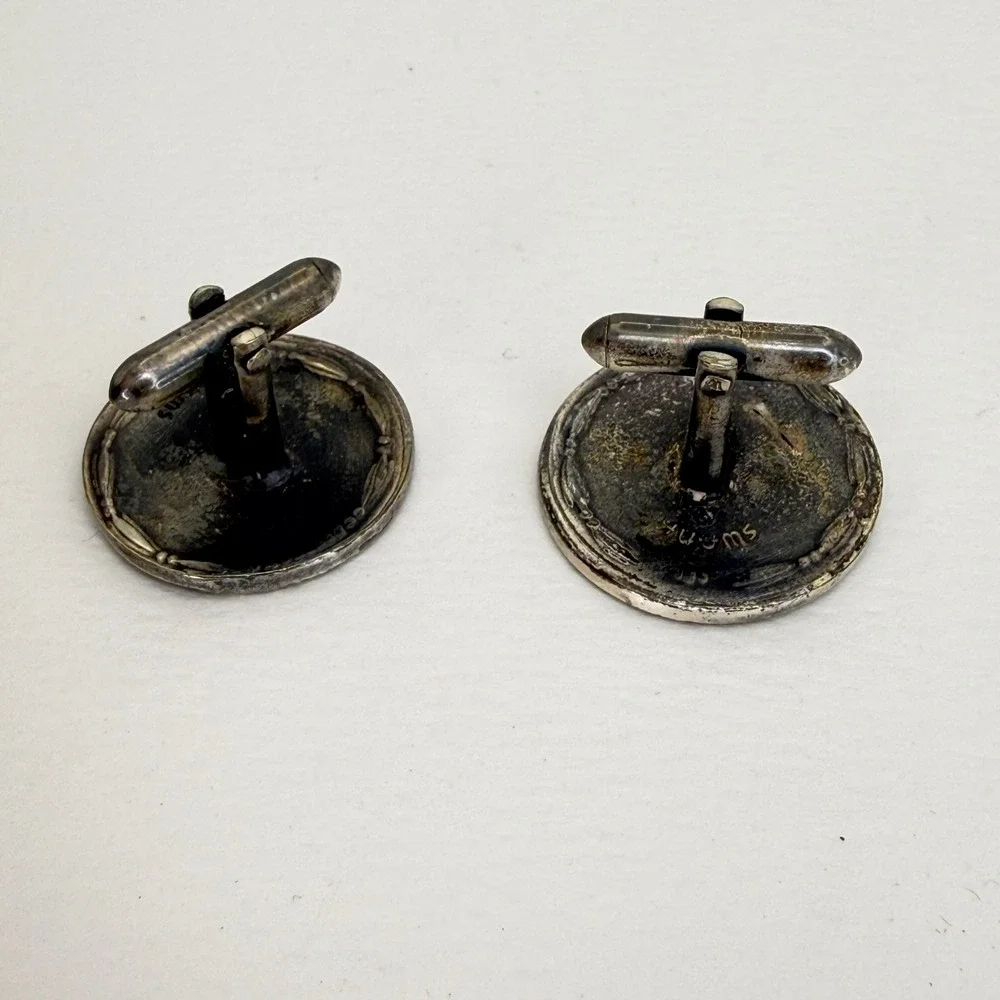 Swank Vintage Mercury God Roman Mythology Silver Tone Round Cufflinks Patina